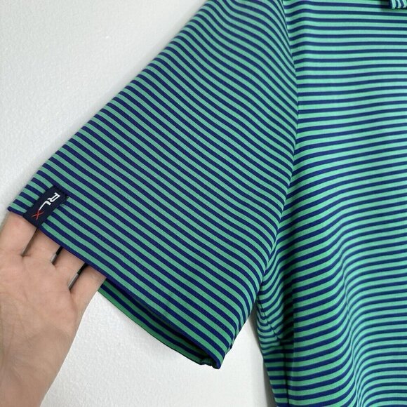 RLX Ralph Lauren Polo Shirt Size L Striped Performance Golf Stretch Green Blue - Picture 2 of 11